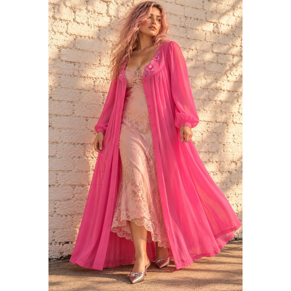 Shadowline Pink Nylon Robe Floral Embroidered Button Front Nightgown Duster 3X